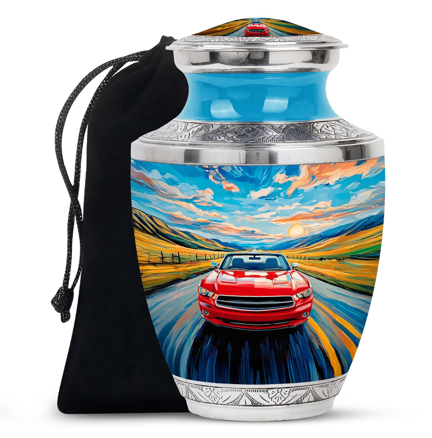 Sapphire Blue Car Cremation Urn side profile showing urn shape - artistic car interpretation with creative detail - full-size 10 inch 200 cubic inch adult cremation urn