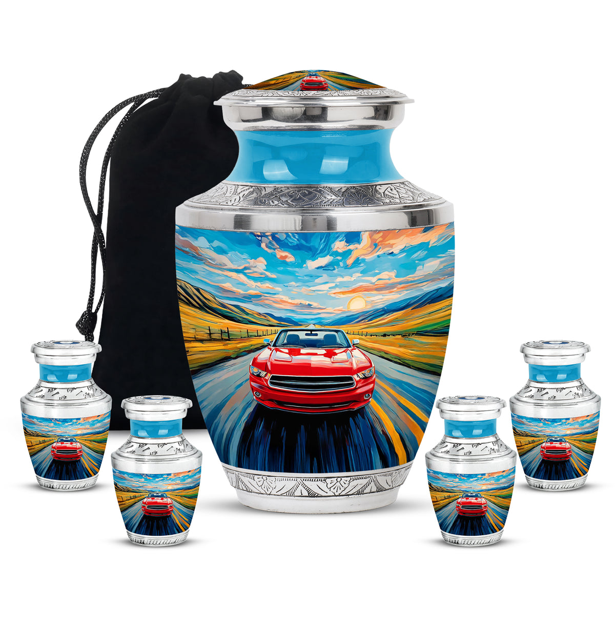 Cobalt Blue Car Cremation Urn lifestyle display on memorial shelf - artistic car interpretation with creative detail - memorial set with one large and four small urns