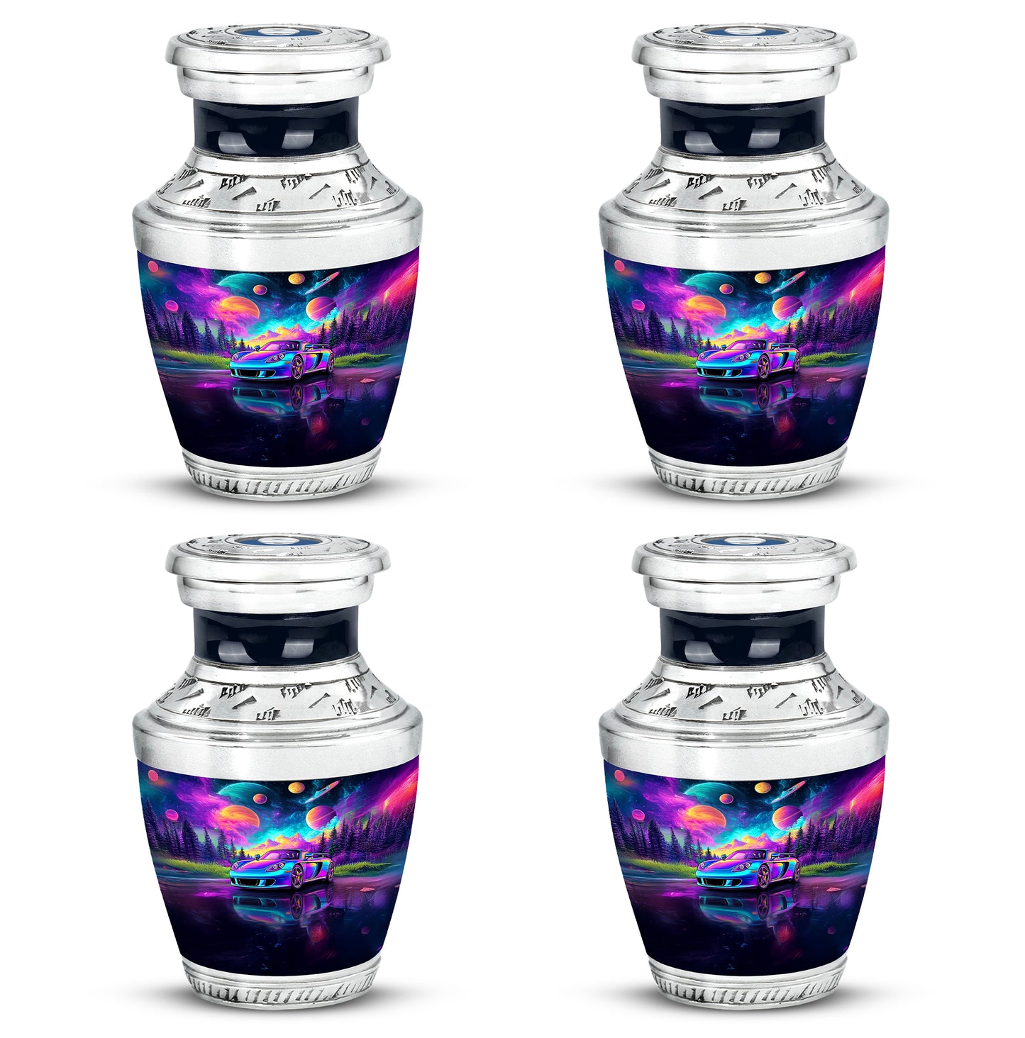 Sapphire Blue Car Cremation Urn back view with polished surface - artistic car interpretation with creative detail - 10 inch aluminum urn for cremated remains
