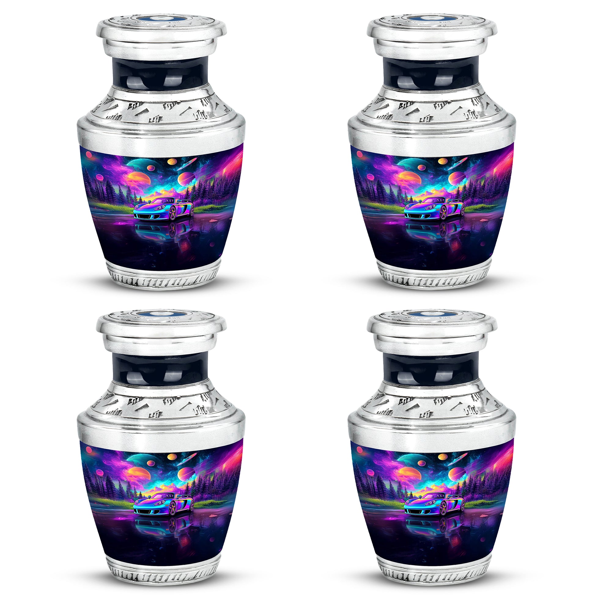 Sapphire Blue Car Cremation Urn back view with polished surface - artistic car interpretation with creative detail - 10 inch aluminum urn for cremated remains