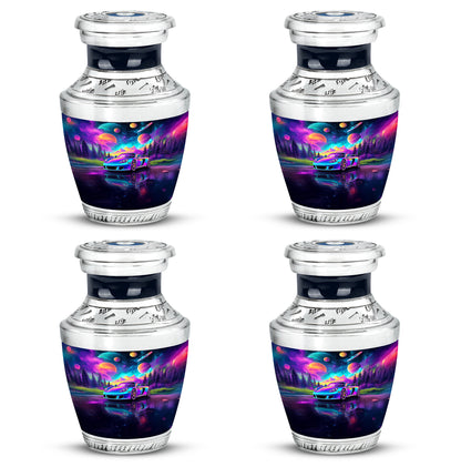 Sapphire Blue Car Cremation Urn back view with polished surface - artistic car interpretation with creative detail - 10 inch aluminum urn for cremated remains