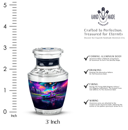 Celestial Blue Car Cremation Urn top-down view of secure threaded lid - contemporary car design with modern artistic flair - mini keepsake memorial for portion of cremation ashes