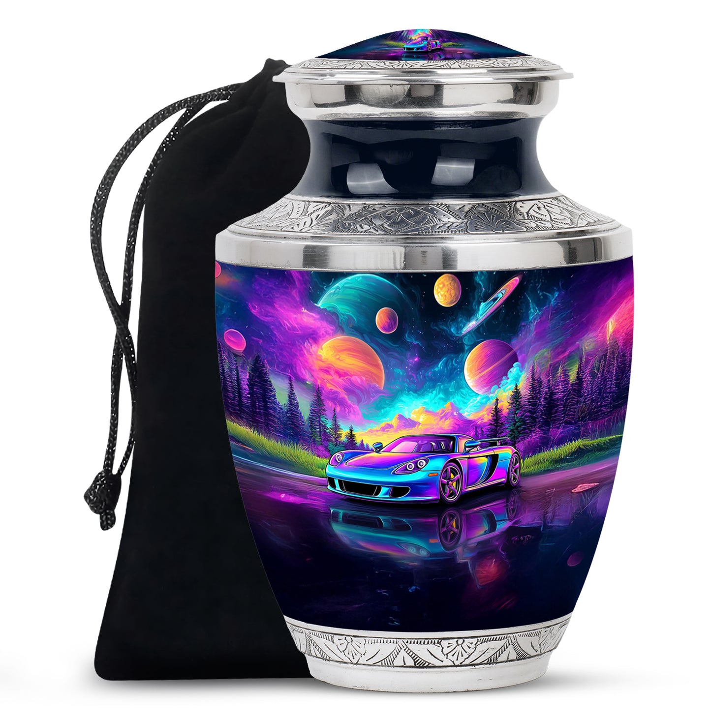 Sky Blue Car Cremation Urn side profile showing urn shape - modern art-inspired car motif on sleek aluminum - full-size 10 inch 200 cubic inch adult cremation urn