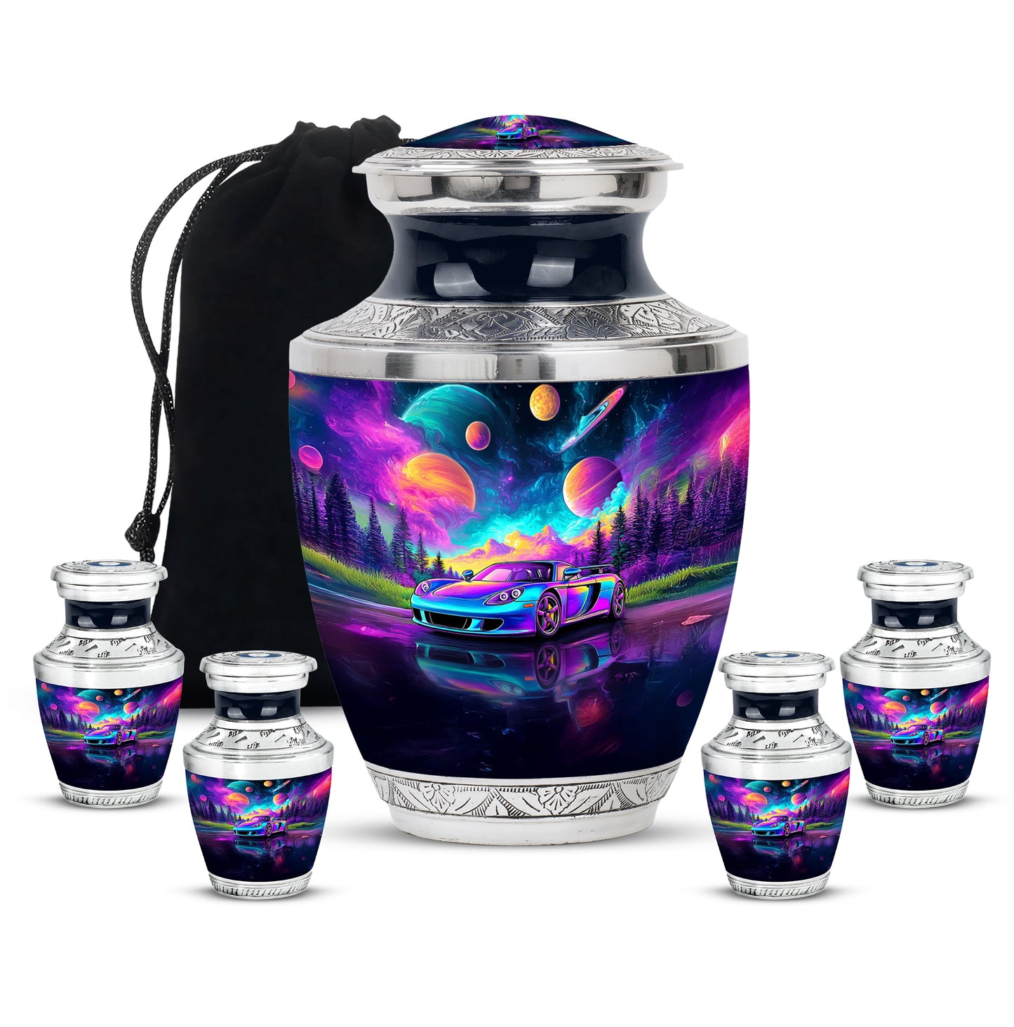 Slate Blue Car Cremation Urn lifestyle display on memorial shelf - contemporary car design with modern artistic flair - memorial set with one large and four small urns