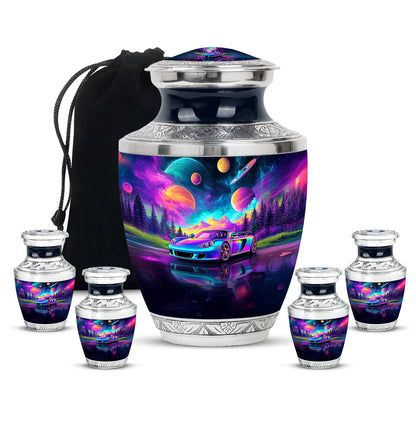 Slate Blue Car Cremation Urn lifestyle display on memorial shelf - contemporary car design with modern artistic flair - memorial set with one large and four small urns