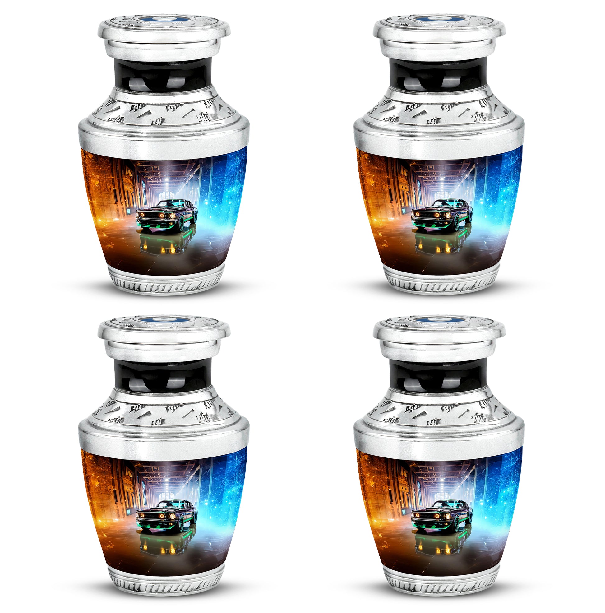 Deep Black Car Cremation Urn back view with polished surface - modern art-inspired car motif on sleek aluminum - 10 inch aluminum urn for cremated remains