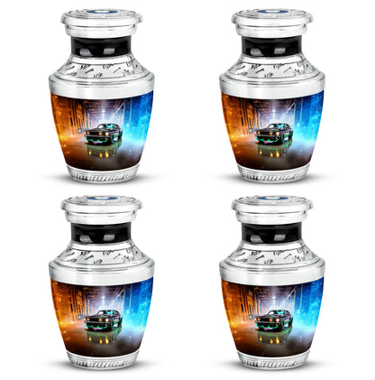 Deep Black Car Cremation Urn back view with polished surface - modern art-inspired car motif on sleek aluminum - 10 inch aluminum urn for cremated remains