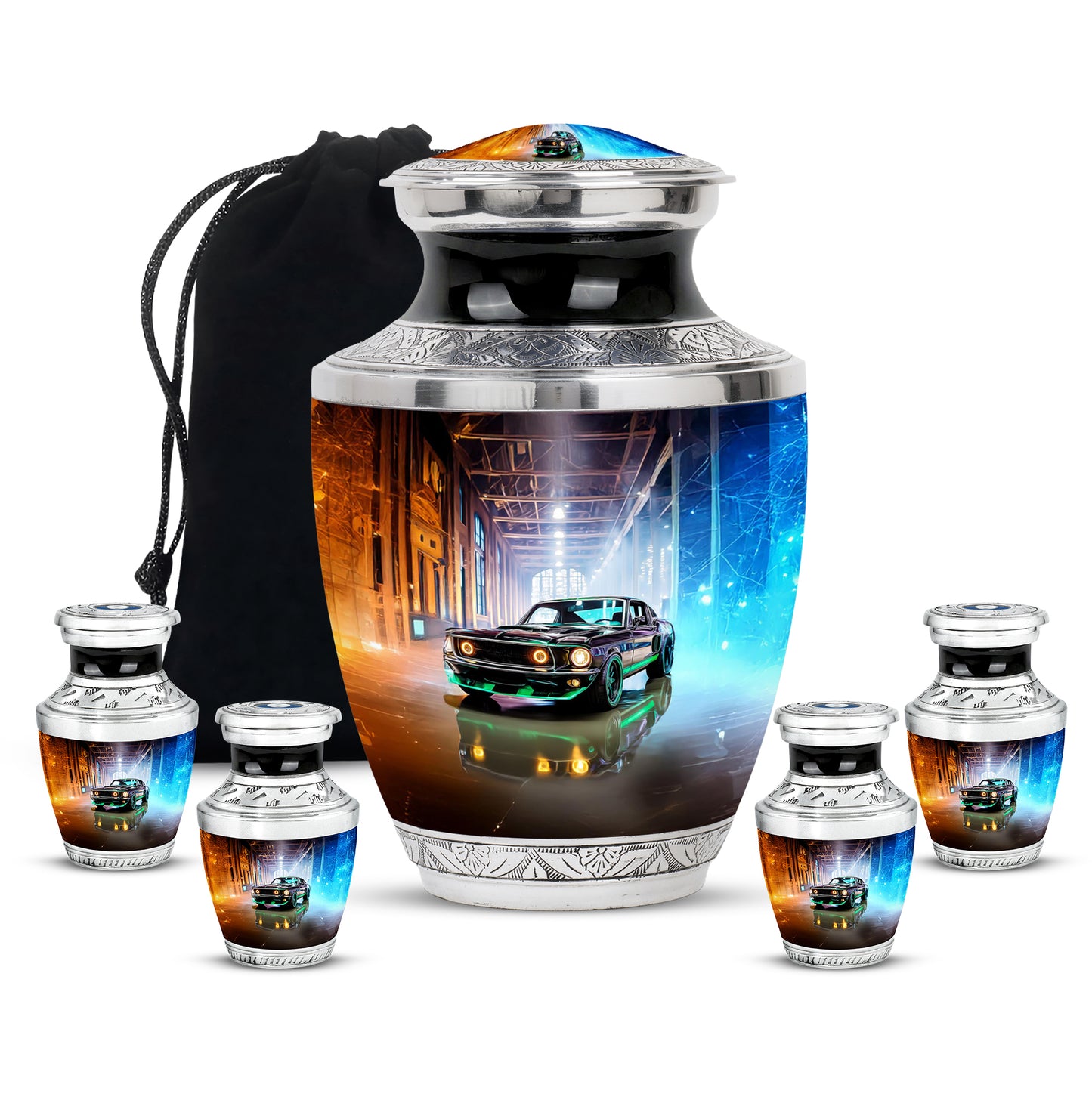 Midnight Black Car Cremation Urn lifestyle display on memorial shelf - stylized abstract car pattern with bold lines - memorial set with one large and four small urns