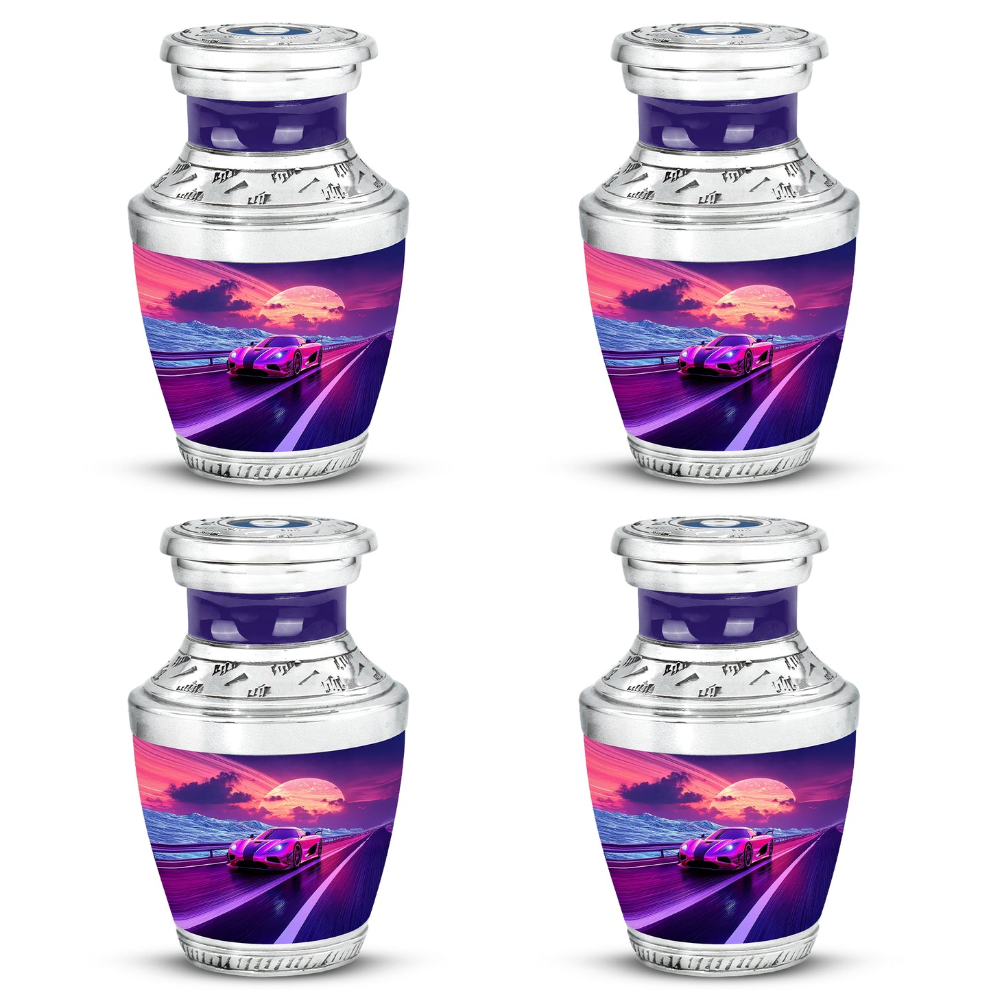 Navy Blue Car Cremation Urn back view with polished surface - modern art-inspired car motif on sleek aluminum - 10 inch aluminum urn for cremated remains