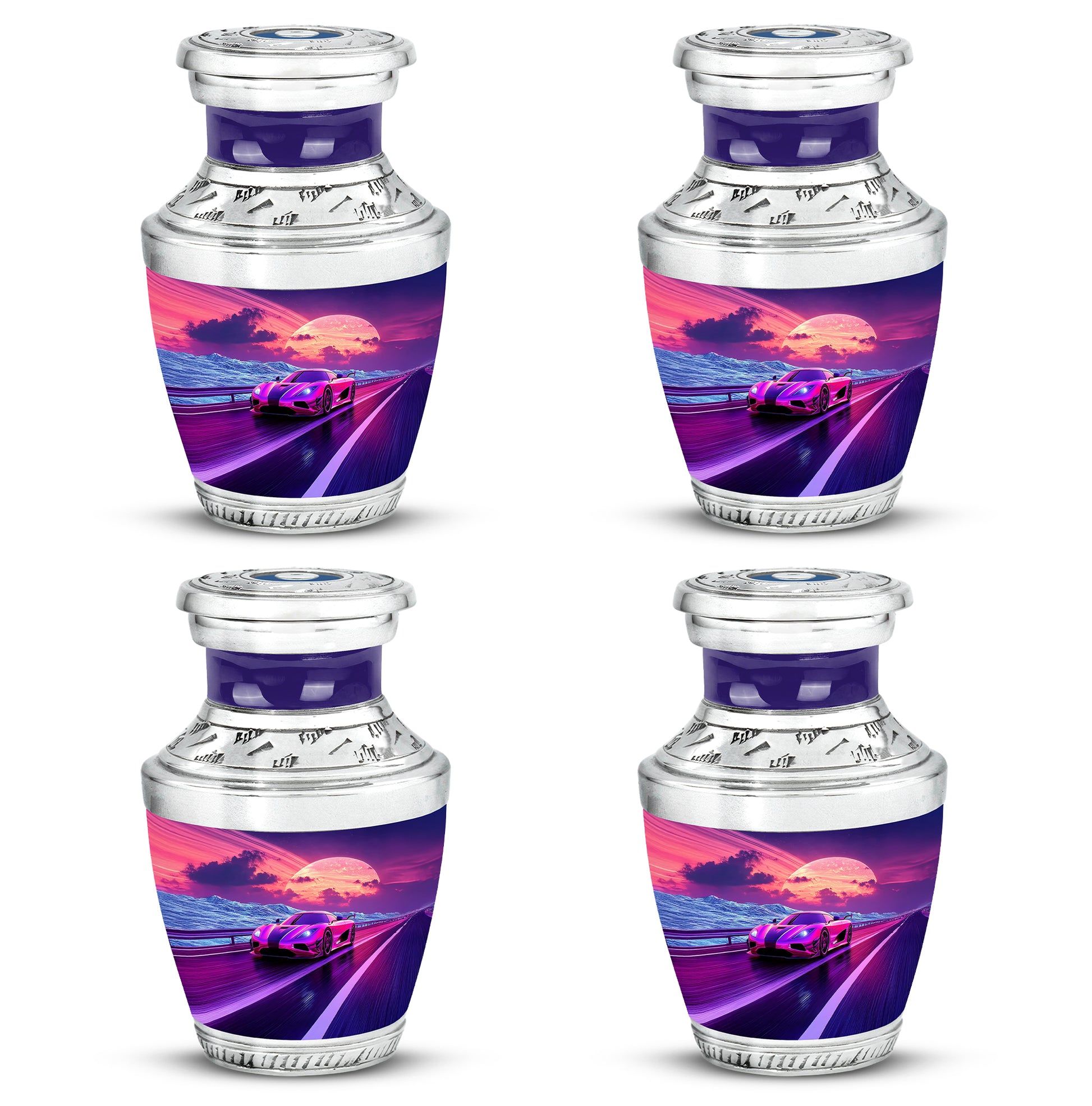 Navy Blue Car Cremation Urn back view with polished surface - modern art-inspired car motif on sleek aluminum - 10 inch aluminum urn for cremated remains