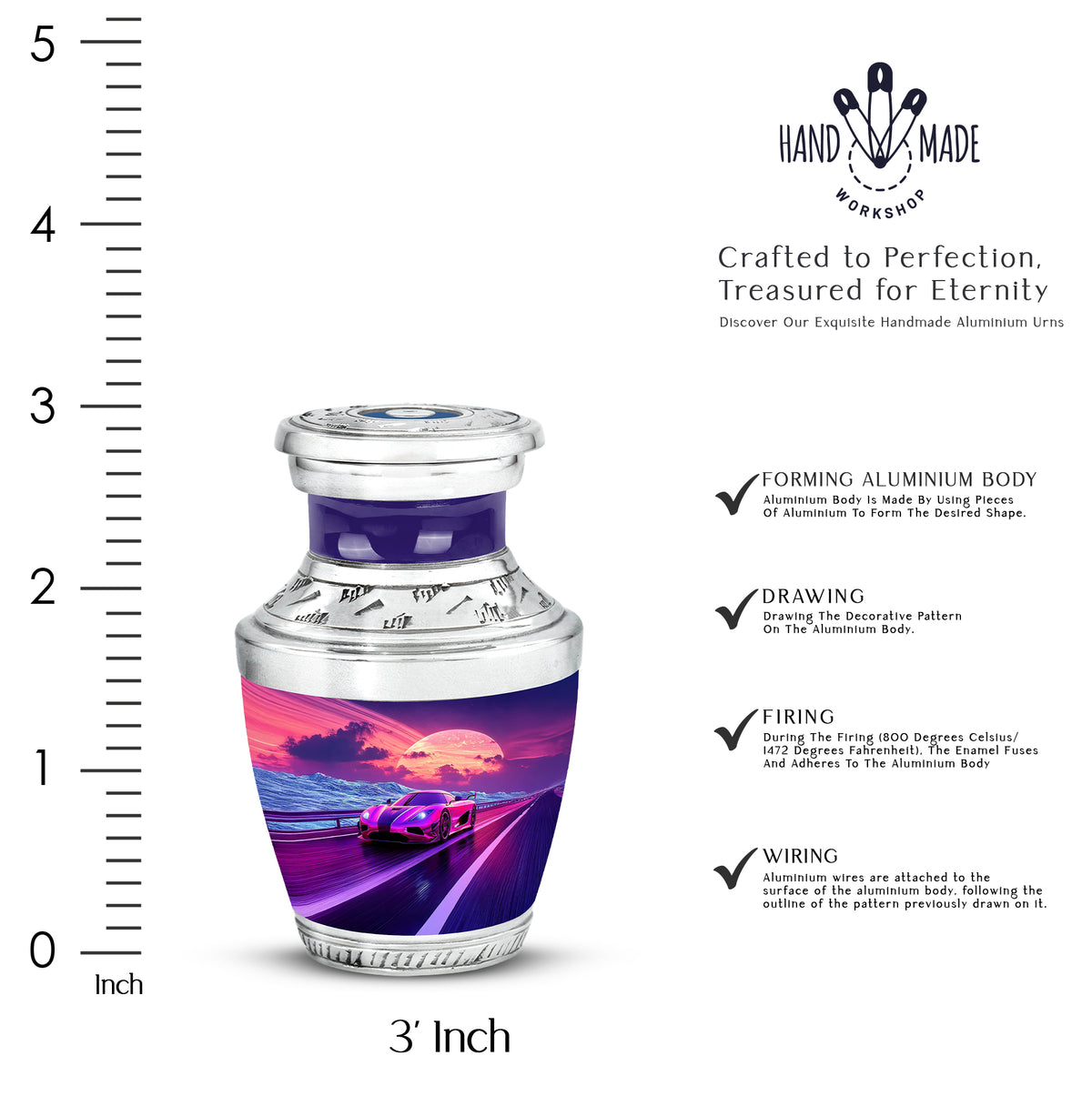 Calming Blue Car Cremation Urn top-down view of secure threaded lid - artistic car interpretation with creative detail - mini keepsake memorial for portion of cremation ashes