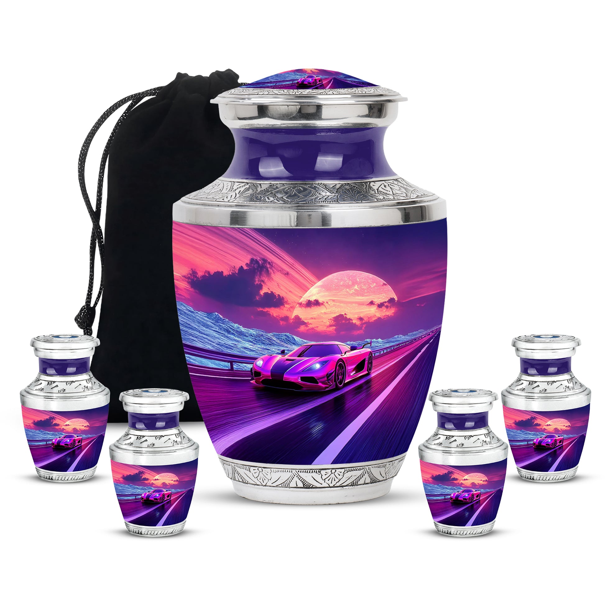 Navy Blue Car Cremation Urn lifestyle display on memorial shelf - modern art-inspired car motif on sleek aluminum - memorial set with one large and four small urns
