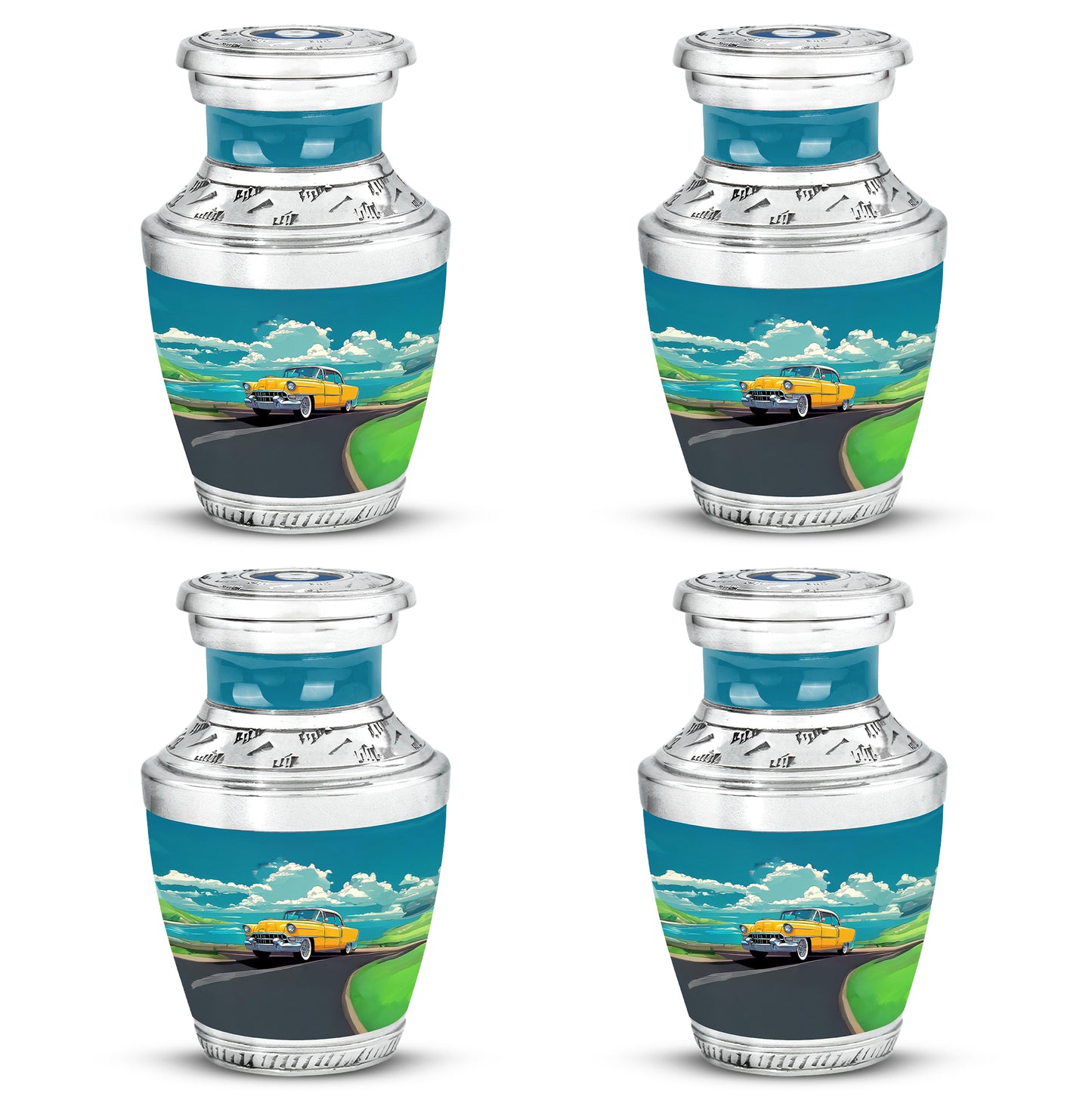 Tropical Teal Car Cremation Urn back view with polished surface - artistic car interpretation with creative detail - 10 inch aluminum urn for cremated remains