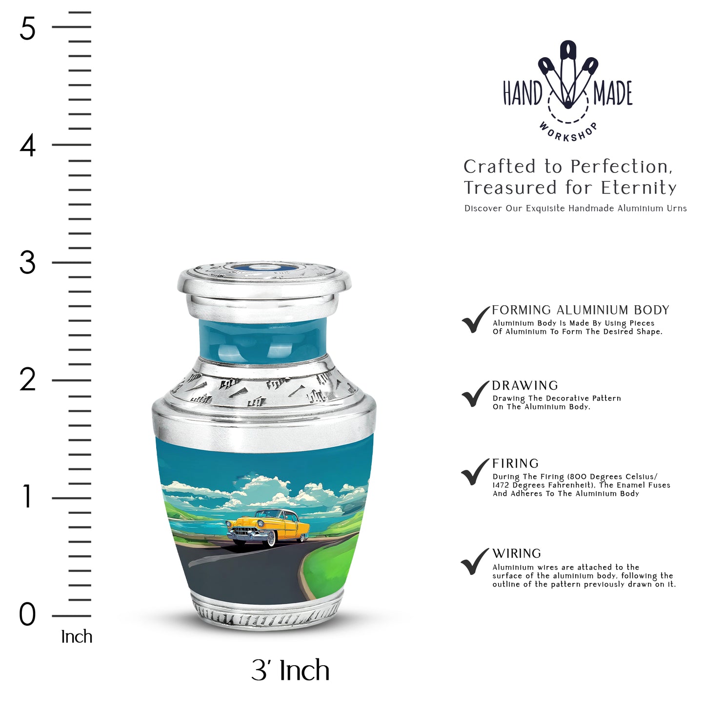 Vivid Teal Car Cremation Urn top-down view of secure threaded lid - artistic car interpretation with creative detail - mini keepsake memorial for portion of cremation ashes