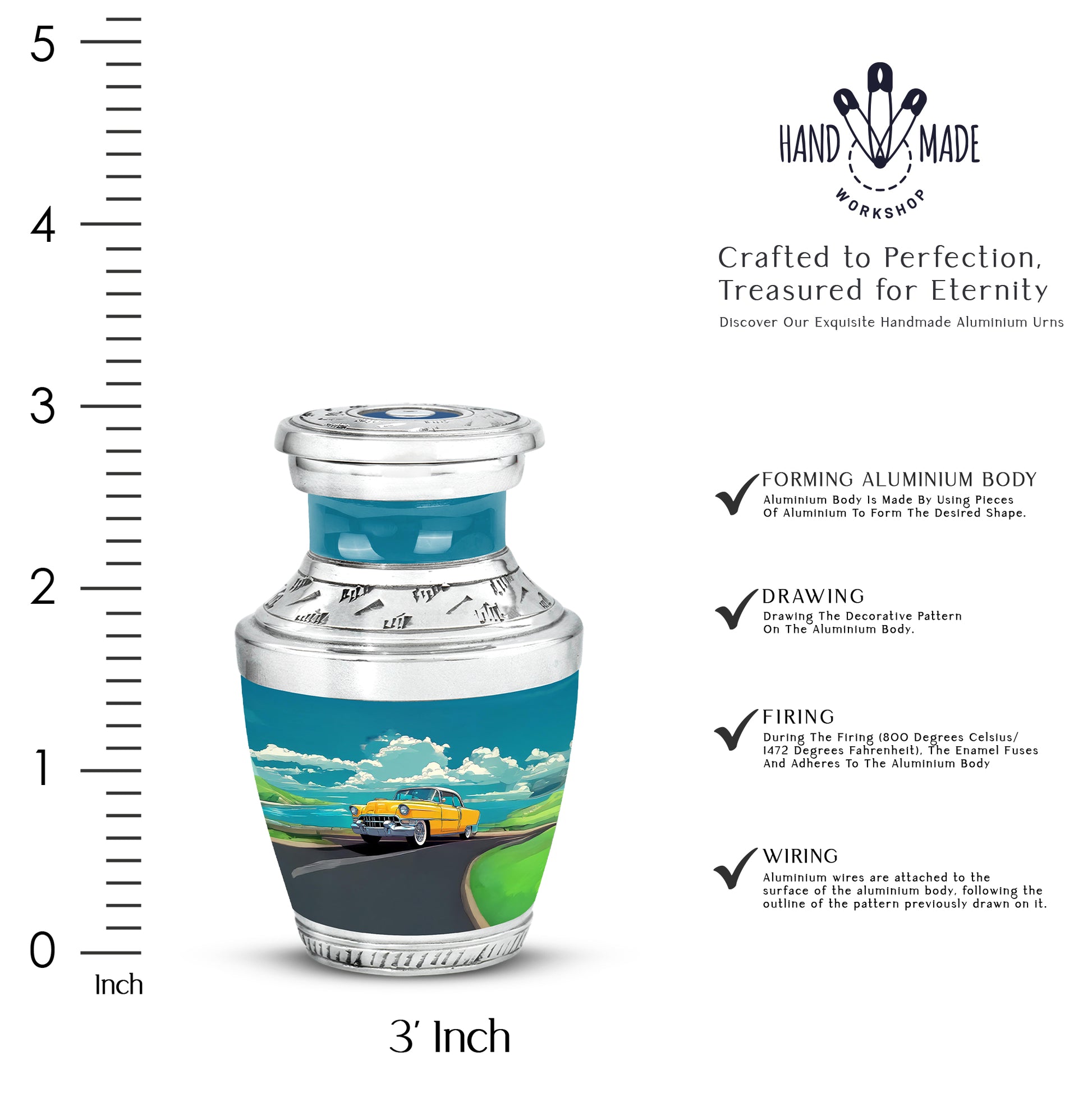 Vivid Teal Car Cremation Urn top-down view of secure threaded lid - artistic car interpretation with creative detail - mini keepsake memorial for portion of cremation ashes