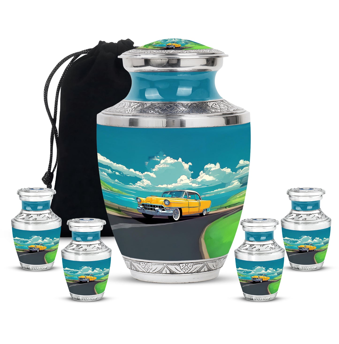 Ocean Teal Car Cremation Urn lifestyle display on memorial shelf - modern art-inspired car motif on sleek aluminum - memorial set with one large and four small urns