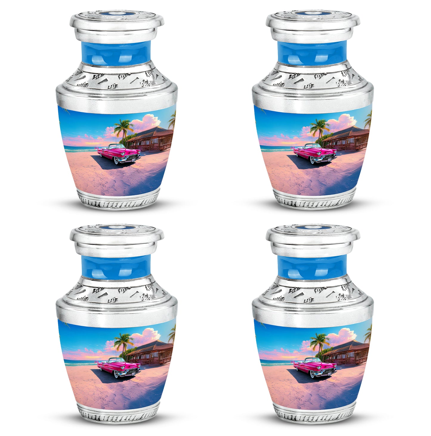 Serene Blue Car Cremation Urn back view with polished surface - stylized abstract car pattern with bold lines - 10 inch aluminum urn for cremated remains