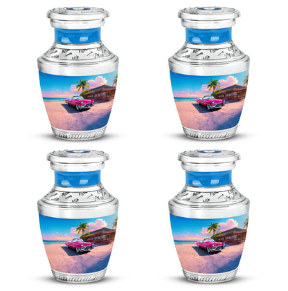 Serene Blue Car Cremation Urn back view with polished surface - stylized abstract car pattern with bold lines - 10 inch aluminum urn for cremated remains