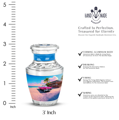 Navy Blue Car Cremation Urn top-down view of secure threaded lid - modern art-inspired car motif on sleek aluminum - mini keepsake memorial for portion of cremation ashes