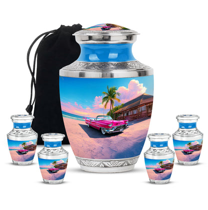 Azure Car Cremation Urn lifestyle display on memorial shelf - contemporary car design with modern artistic flair - memorial set with one large and four small urns