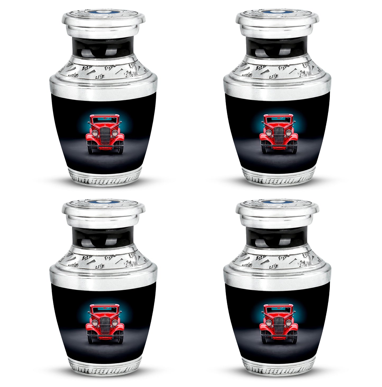 Glossy Black Car Cremation Urn back view with polished surface - modern art-inspired car motif on sleek aluminum - 10 inch aluminum urn for cremated remains