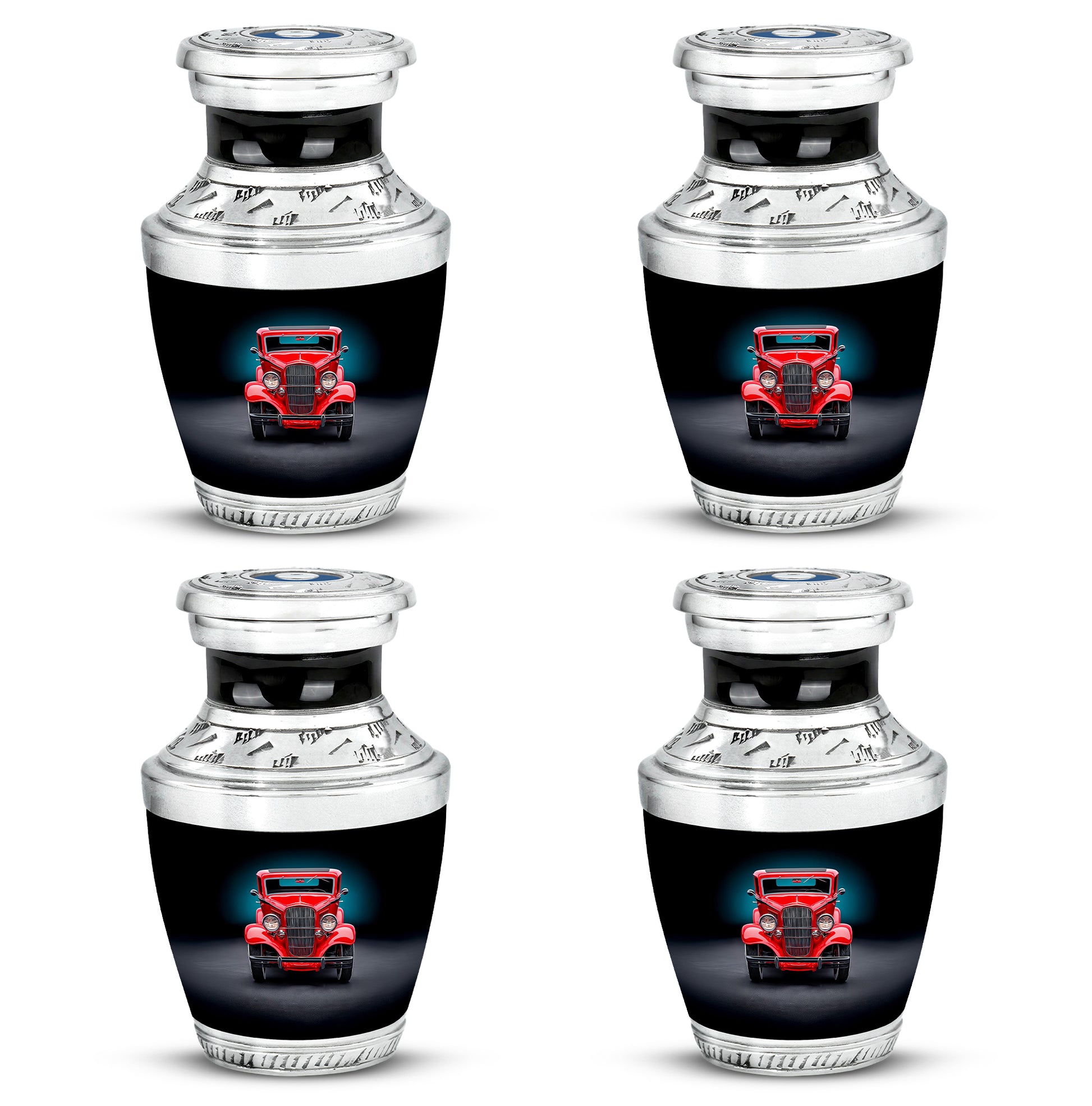 Glossy Black Car Cremation Urn back view with polished surface - modern art-inspired car motif on sleek aluminum - 10 inch aluminum urn for cremated remains