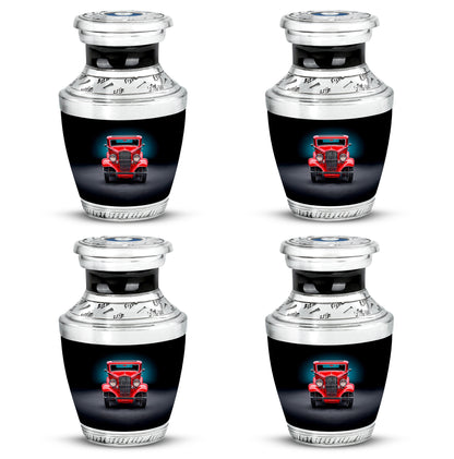 Glossy Black Car Cremation Urn back view with polished surface - modern art-inspired car motif on sleek aluminum - 10 inch aluminum urn for cremated remains