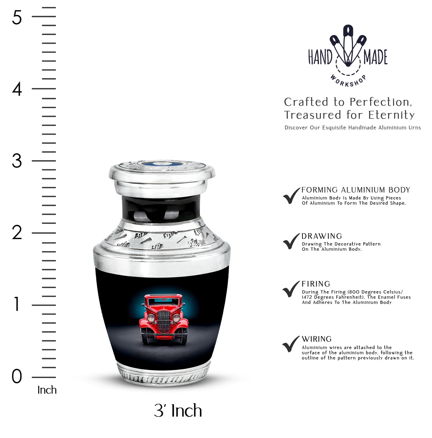 Onyx Black Car Cremation Urn top-down view of secure threaded lid - stylized abstract car pattern with bold lines - mini keepsake memorial for portion of cremation ashes