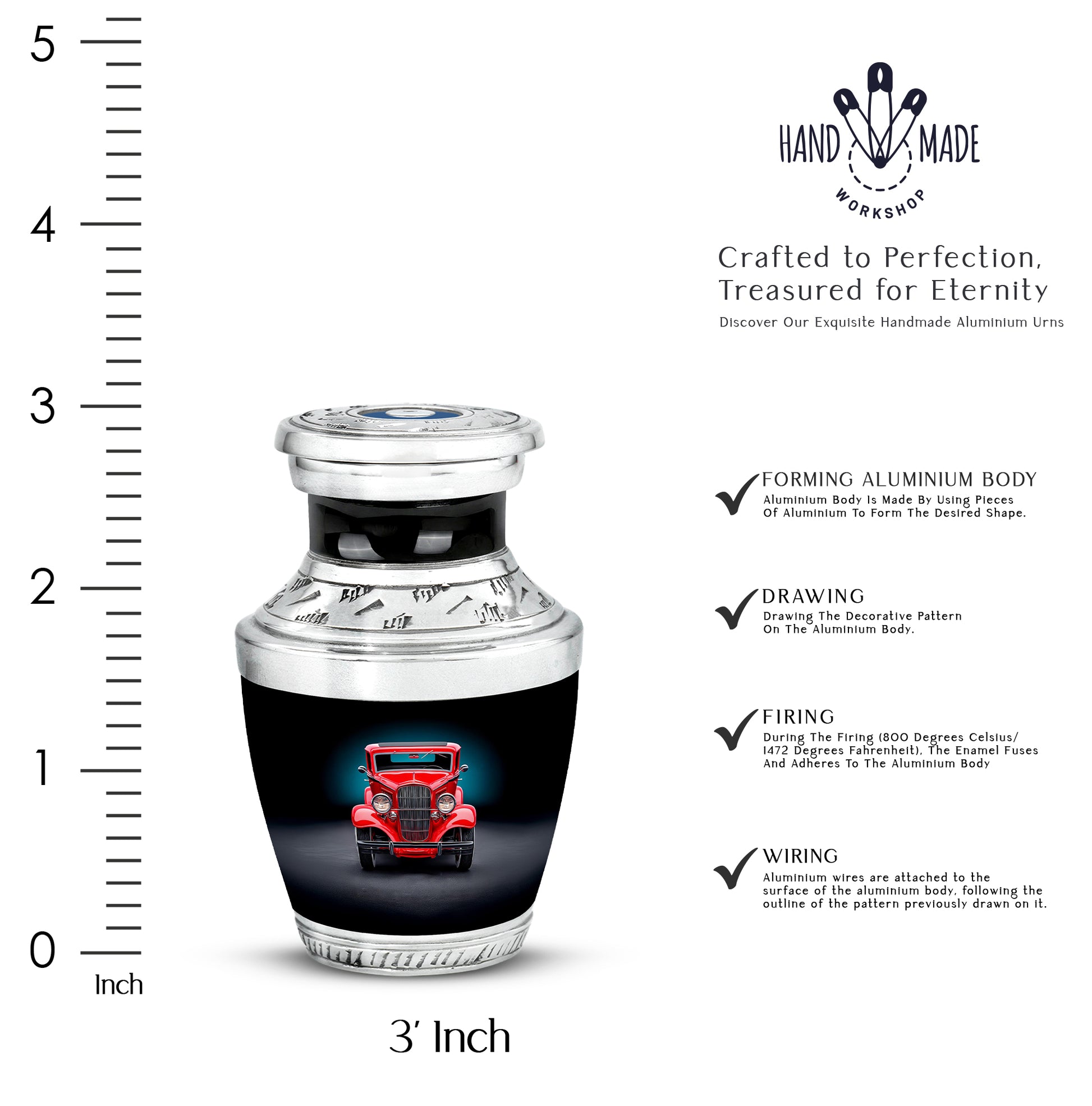Onyx Black Car Cremation Urn top-down view of secure threaded lid - stylized abstract car pattern with bold lines - mini keepsake memorial for portion of cremation ashes