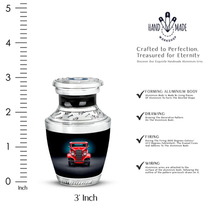 Onyx Black Car Cremation Urn top-down view of secure threaded lid - stylized abstract car pattern with bold lines - mini keepsake memorial for portion of cremation ashes