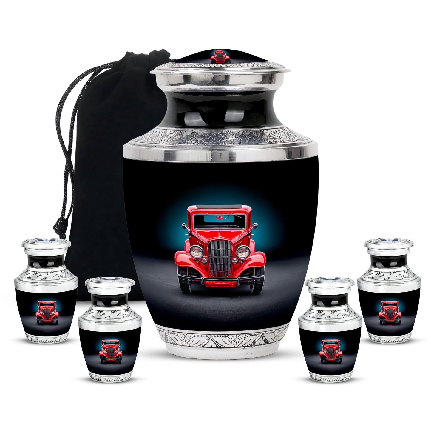 Rich Black Car Cremation Urn lifestyle display on memorial shelf - contemporary car design with modern artistic flair - memorial set with one large and four small urns