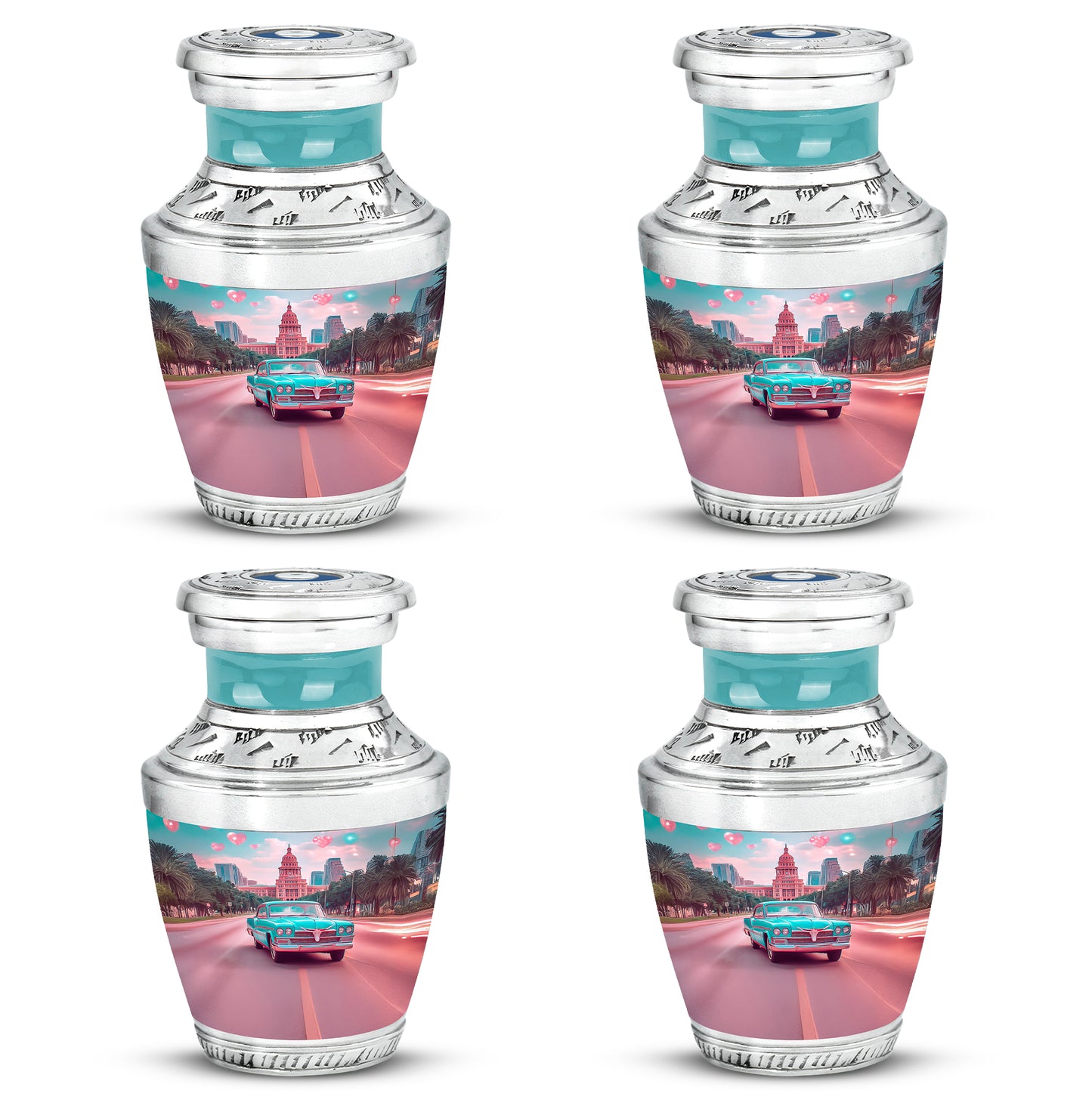 Vivid Teal Car Cremation Urn back view with polished surface - artistic car interpretation with creative detail - 10 inch aluminum urn for cremated remains