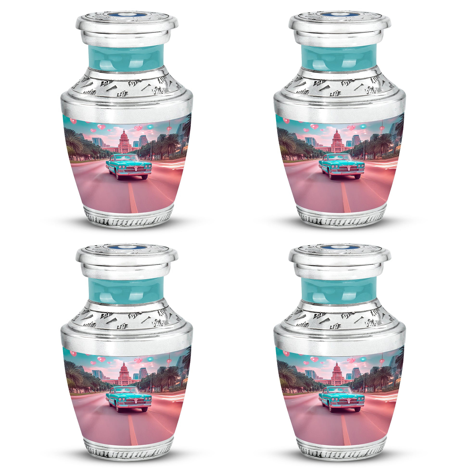 Vivid Teal Car Cremation Urn back view with polished surface - artistic car interpretation with creative detail - 10 inch aluminum urn for cremated remains