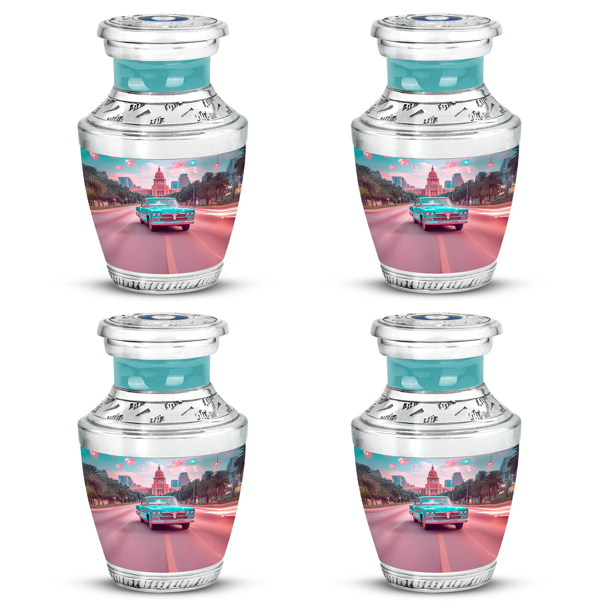 Vivid Teal Car Cremation Urn back view with polished surface - artistic car interpretation with creative detail - 10 inch aluminum urn for cremated remains