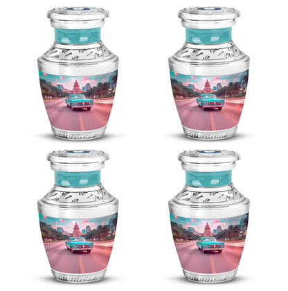 Vivid Teal Car Cremation Urn back view with polished surface - artistic car interpretation with creative detail - 10 inch aluminum urn for cremated remains