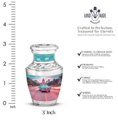 Tropical Teal Car Cremation Urn top-down view of secure threaded lid - stylized abstract car pattern with bold lines - mini keepsake memorial for portion of cremation ashes