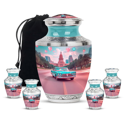 Sea Green Teal Car Cremation Urn lifestyle display on memorial shelf - modern art-inspired car motif on sleek aluminum - memorial set with one large and four small urns