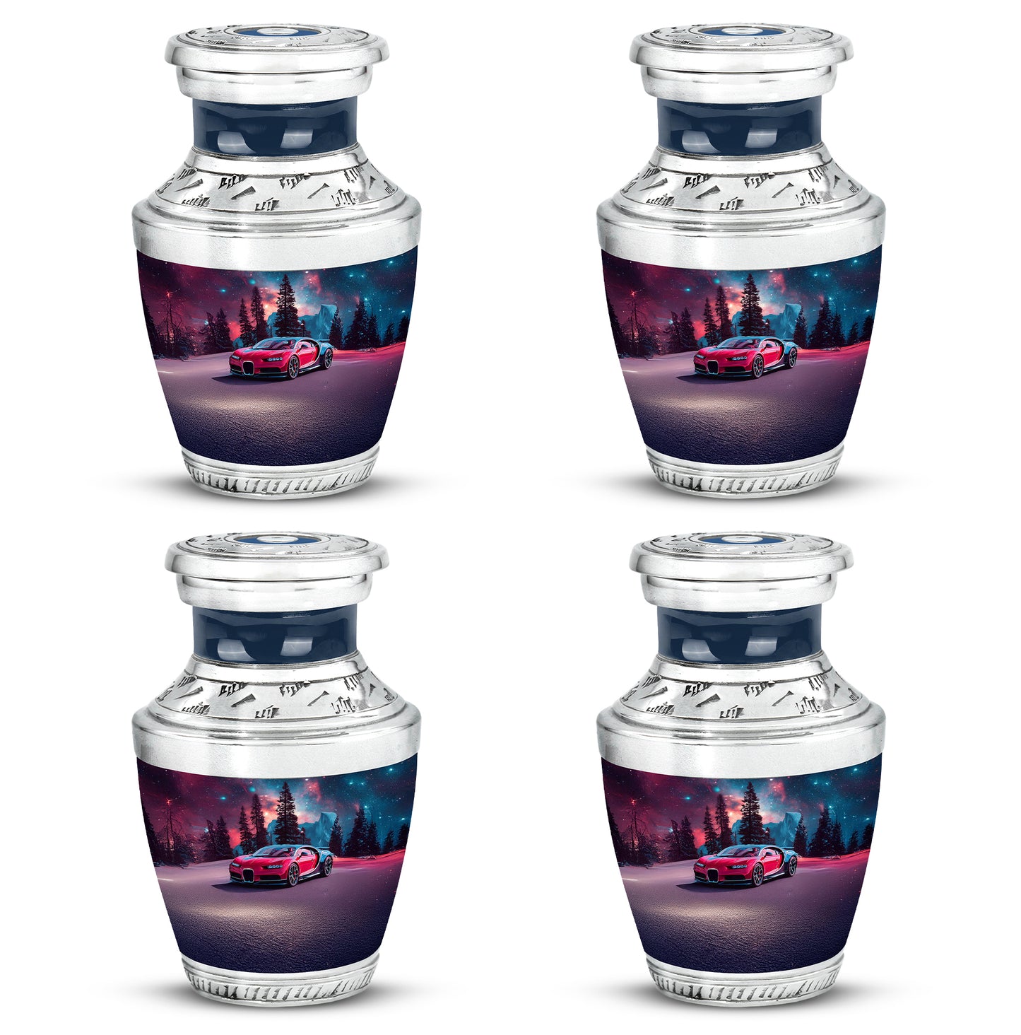 Misty Blue Car Cremation Urn back view with polished surface - modern art-inspired car motif on sleek aluminum - 10 inch aluminum urn for cremated remains