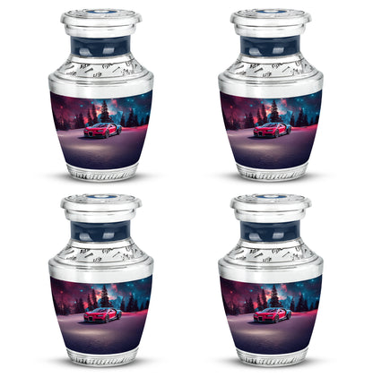Misty Blue Car Cremation Urn back view with polished surface - modern art-inspired car motif on sleek aluminum - 10 inch aluminum urn for cremated remains