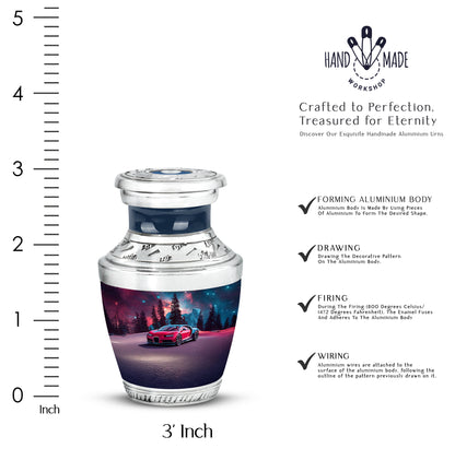 Sky Blue Car Cremation Urn top-down view of secure threaded lid - modern art-inspired car motif on sleek aluminum - mini keepsake memorial for portion of cremation ashes