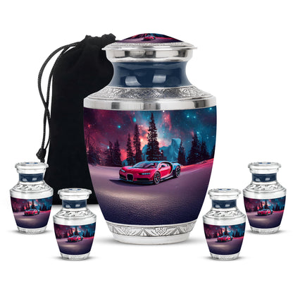 Serene Blue Car Cremation Urn lifestyle display on memorial shelf - artistic car interpretation with creative detail - memorial set with one large and four small urns