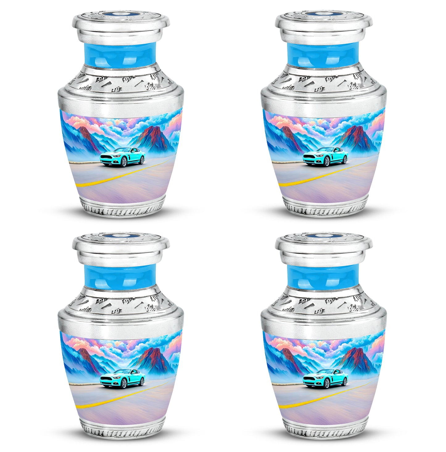 Cool Teal Car Cremation Urn back view with polished surface - contemporary car design with modern artistic flair - 10 inch aluminum urn for cremated remains