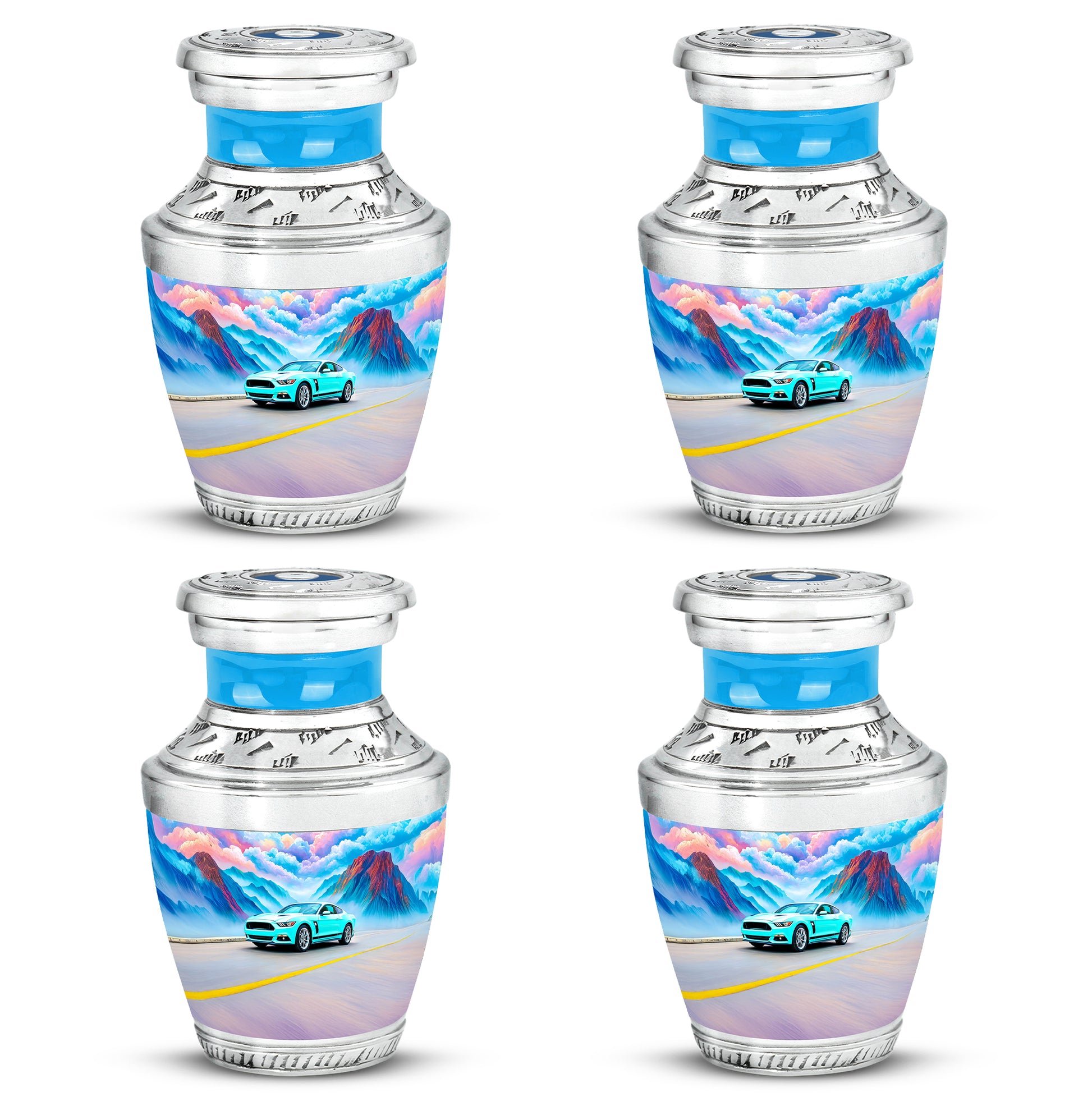 Cool Teal Car Cremation Urn back view with polished surface - contemporary car design with modern artistic flair - 10 inch aluminum urn for cremated remains