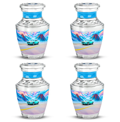 Cool Teal Car Cremation Urn back view with polished surface - contemporary car design with modern artistic flair - 10 inch aluminum urn for cremated remains
