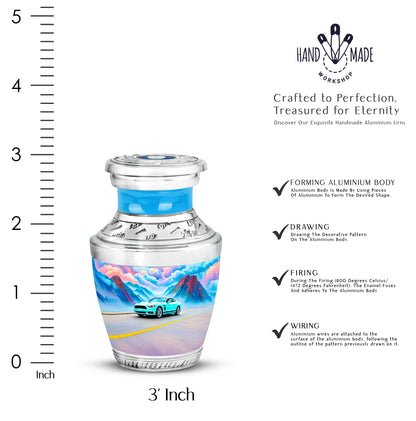 Jewel Teal Car Cremation Urn top-down view of secure threaded lid - modern art-inspired car motif on sleek aluminum - mini keepsake memorial for portion of cremation ashes