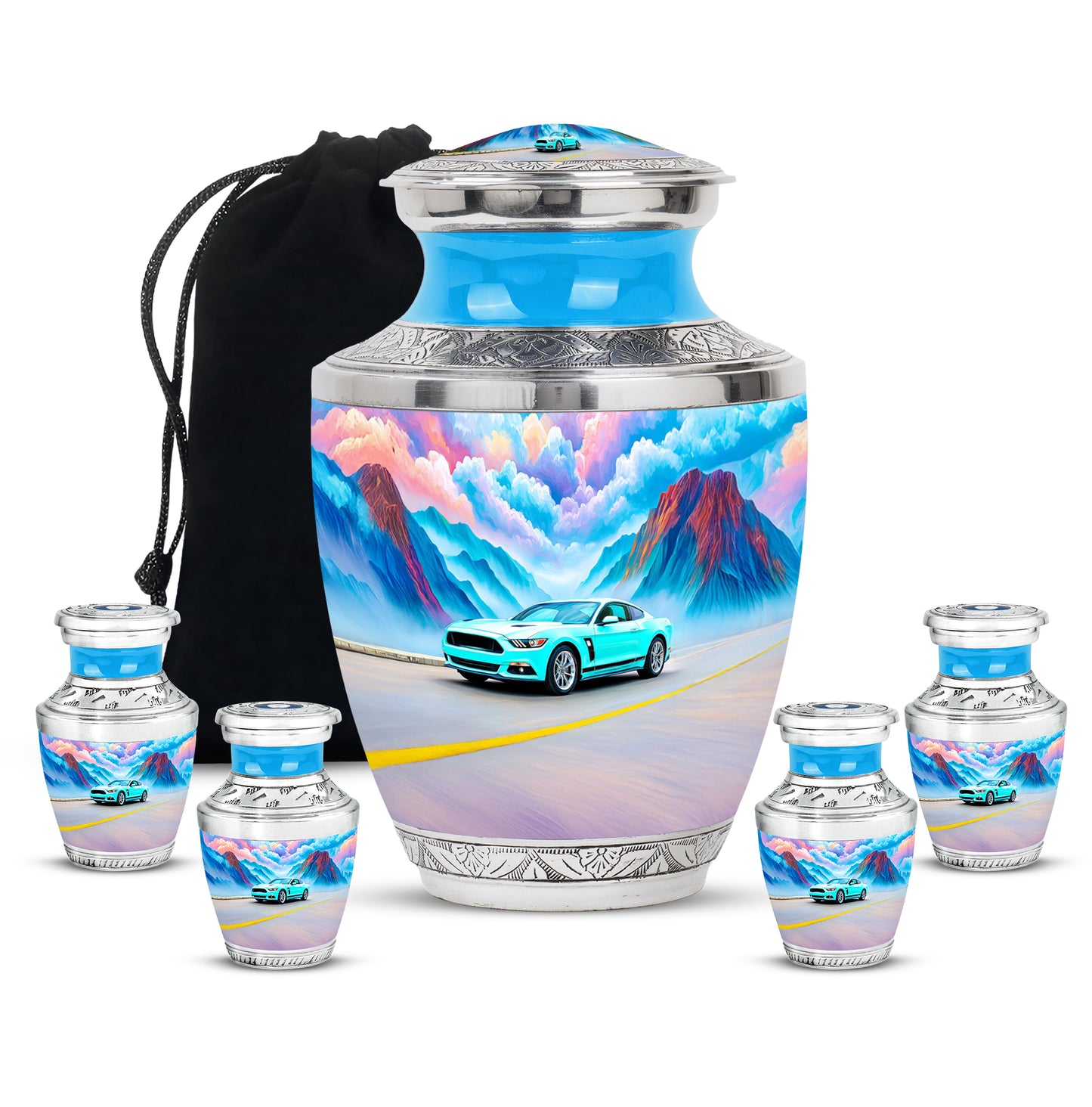 Tropical Teal Car Cremation Urn lifestyle display on memorial shelf - artistic car interpretation with creative detail - memorial set with one large and four small urns