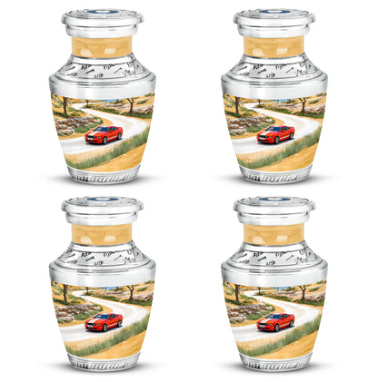 Champagne Gold Car Cremation Urn back view with polished surface - contemporary car design with modern artistic flair - 10 inch aluminum urn for cremated remains