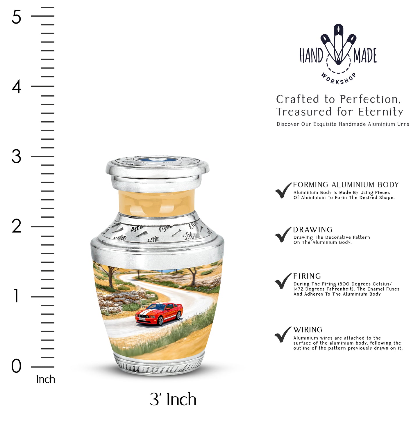 Gilded Gold Car Cremation Urn top-down view of secure threaded lid - modern art-inspired car motif on sleek aluminum - mini keepsake memorial for portion of cremation ashes