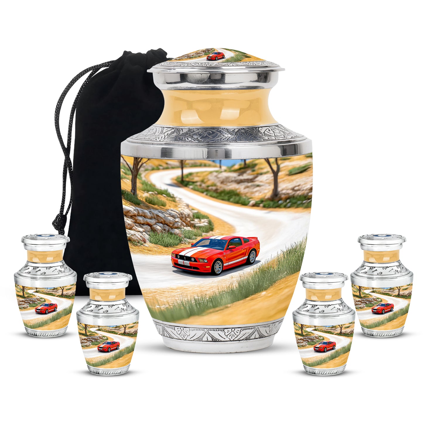 Warm Gold Car Cremation Urn lifestyle display on memorial shelf - artistic car interpretation with creative detail - memorial set with one large and four small urns