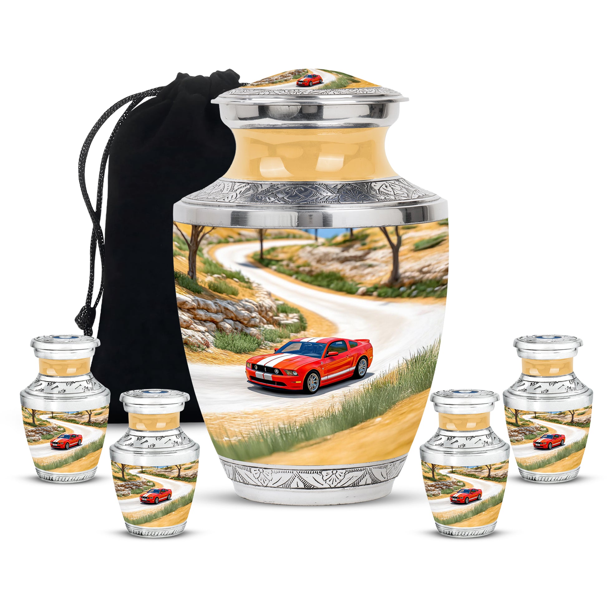 Warm Gold Car Cremation Urn lifestyle display on memorial shelf - artistic car interpretation with creative detail - memorial set with one large and four small urns